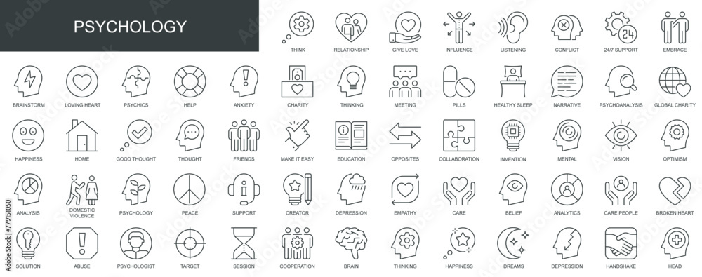Psychology web icons set in thin line design. Pack of relationship, love, influence, listening, support, brainstorm, anxiety, charity, meeting, other outline stroke pictograms. Vector illustration.