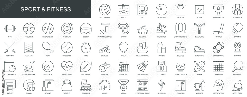 Sport and fitness web icons set in thin line design. Pack of volleyball, pool, diet, scales, pulse, gym, pharmacology, workout, exercise, boxing, other outline stroke pictograms. Vector illustration. - obrazy, fototapety, plakaty 