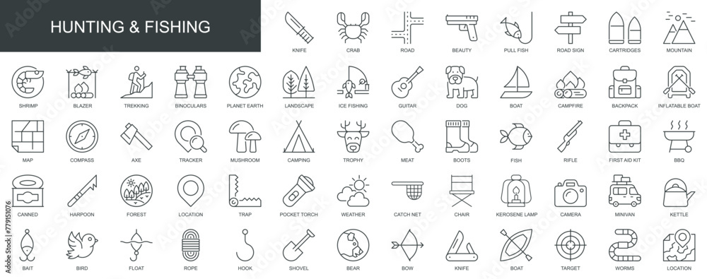 Hunting and fishing web icons set in thin line design. Pack of knife, mountain, trekking, binoculars, camping, pull fish, mushroom, forest, map, other outline stroke pictograms. Vector illustration.