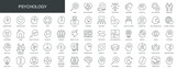 Psychology web icons set in thin line design. Pack of relationship, love, influence, listening, support, brainstorm, anxiety, charity, meeting, other outline stroke pictograms. Vector illustration.