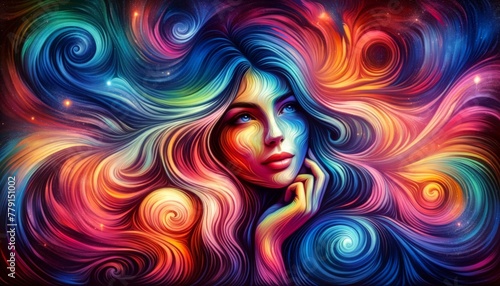 A vibrant painting of a womans face with flowing colorful hair  capturing a range of emotions in bold brush strokes and bright hues