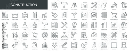 Construction web icons set in thin line design. Pack of paint roller, step ladder, tools, trowel, building, crane, drawing, fence, real estate, other outline stroke pictograms. Vector illustration.