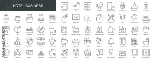 Hotel business web icons set in thin line design. Pack of elevator, bar, toilet, reception, luggage, restaurant, kitchen, bedroom, reserve, room, other outline stroke pictograms. Vector illustration. photo