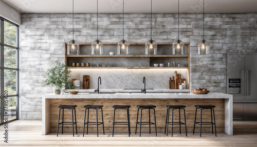 Interior of modern kitchen with white brick walls, wooden floor, concrete countertops and bar with stools. 3d rendering © Hoody Baba