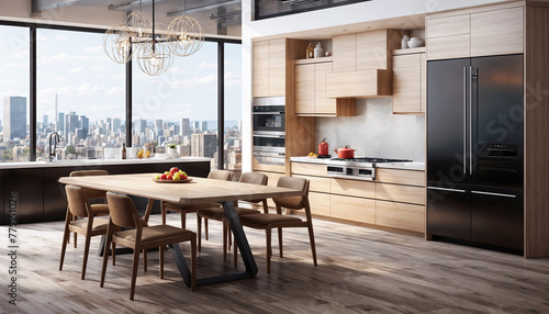 Luxury kitchen interior with wooden flooring  panoramic window and city view. 3d rendering