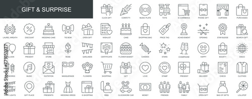 Gift and surprise web icons set in thin line design. Pack of confetti, music, toy, e-commerce, laurel wreath, discount, wishlist, price tag, cake, other outline stroke pictograms. Vector illustration.