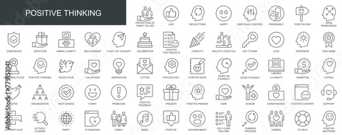 Positive thinking web icons set in thin line design. Pack of family value, reflection, emotional control, confidence, gratitude, relationship, other outline stroke pictograms. Vector illustration.