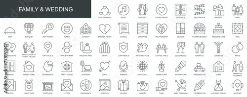 Family and wedding web icons set in thin line design. Pack of relationship, love triangle, banquet, church, flower bouquet, care, support, photos, other outline stroke pictograms. Vector illustration.