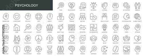 Psychology web icons set in thin line design. Pack of relationship, love, influence, listening, support, brainstorm, anxiety, charity, meeting, other outline stroke pictograms. Vector illustration.