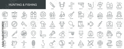 Hunting and fishing web icons set in thin line design. Pack of knife, mountain, trekking, binoculars, camping, pull fish, mushroom, forest, map, other outline stroke pictograms. Vector illustration.