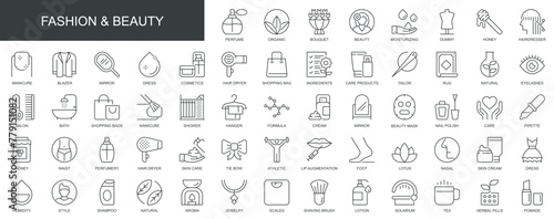 Fashion and beauty web icons set in thin line design. Pack of perfume, hairdresser, manicure, salon, athletics, lip augmentation, skin cream, other outline stroke pictograms. Vector illustration.