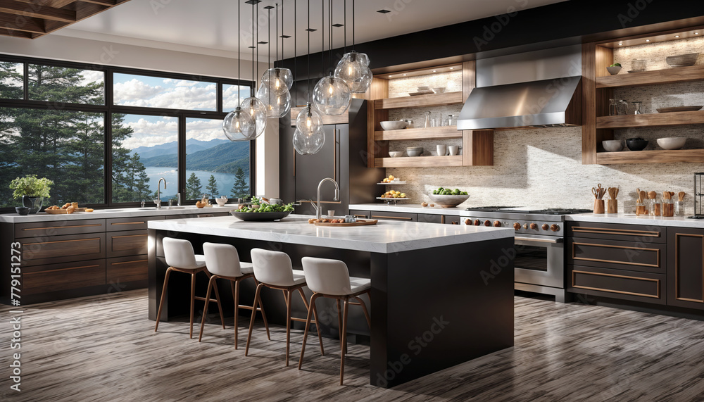 3d rendering luxury kitchen and dining room in modern house with mountain view