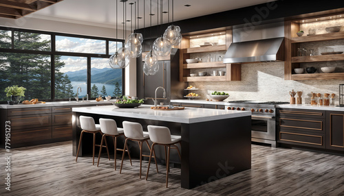3d rendering luxury kitchen and dining room in modern house with mountain view photo