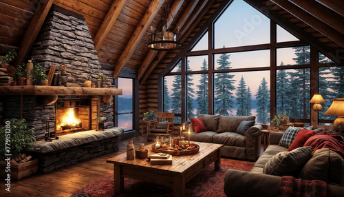 3d rendering of a cozy living room in a chalet