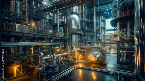 A modern chemical manufacturing plant with reactors, mixing vessels, and control panels, momentarily still but capable of producing a wide range of chemical compounds photo