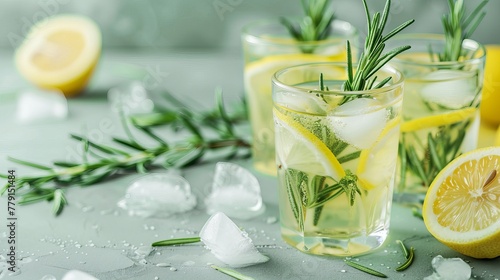 Refreshing summer lemonade or cocktail with ice  rosemary  and lemon slices on a light green background. Enjoy a cold  healthy lemon beverage made with fresh lemons and water.