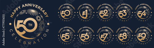 set of 50 to 59th anniversary logotype design, with golden fireworks for celebration event, wedding, and birthday, vector illustration photo