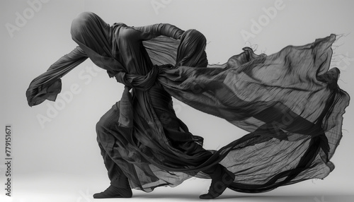 Monochrome image of a person in flowing fabric, creating a dynamic and artistic silhouette with a sense of movement