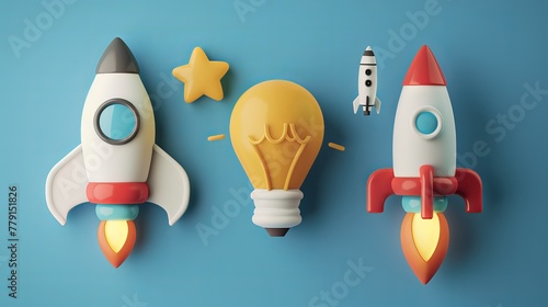 Set of 3D vector icons, including a light bulb for ideas, a megaphone for announcements, and a rocket for startups.