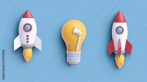 Set of 3D vector icons, including a light bulb for ideas, a megaphone for announcements, and a rocket for startups. photo