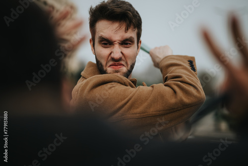 Εκτύπωση καμβά Young adult businessman showing aggression towards a colleague during an outdoor confrontation or business dispute