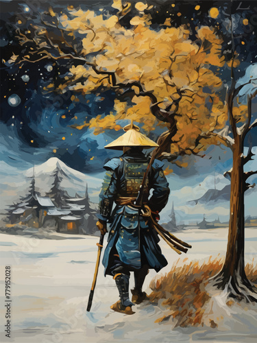 A samurai with tree and scenery between reality and fantasy vector customized design