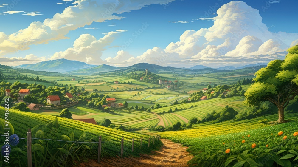 A painting of a lush green landscape with rolling hills, a small village, and a big blue sky with puffy clouds.