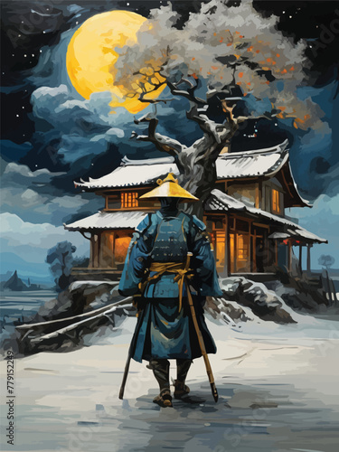 A samurai with tree and scenery between reality and fantasy vector customized design