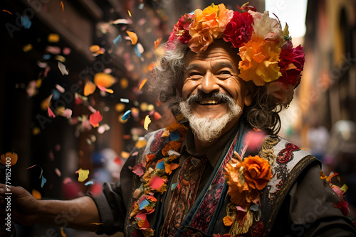 Senior man decorated with flowers having fun on Cinco de Mayo photo