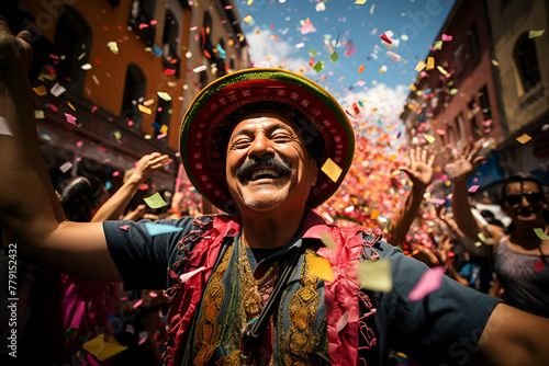 A senior mexican man in a sombrero hat is having fun during Cinco de Mayo