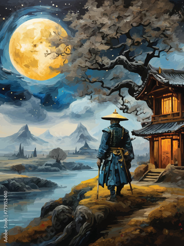 A samurai with tree and scenery between reality and fantasy vector customized design