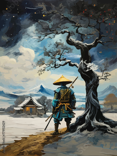 A samurai with tree and scenery between reality and fantasy vector customized design