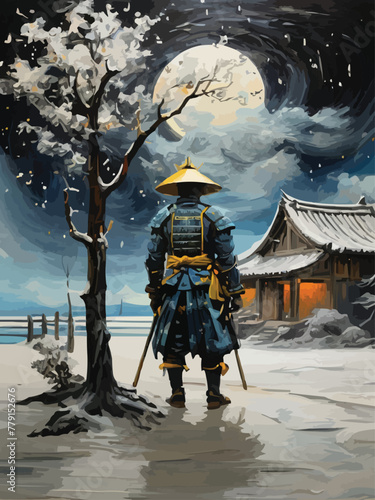 A samurai with tree and scenery between reality and fantasy vector customized design