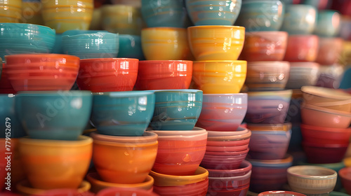 Colorful ceramic cups arranged attractively - Ai Generated