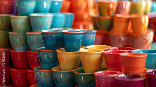 Colorful ceramic cups arranged attractively - Ai Generated