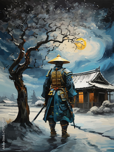 A samurai with tree and scenery between reality and fantasy vector customized design