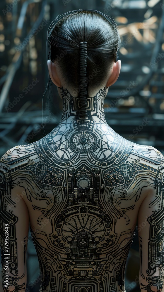 A woman with tattoos on her body and back, with a circuit board design. Her hair is in a bun and she has a ponytail.