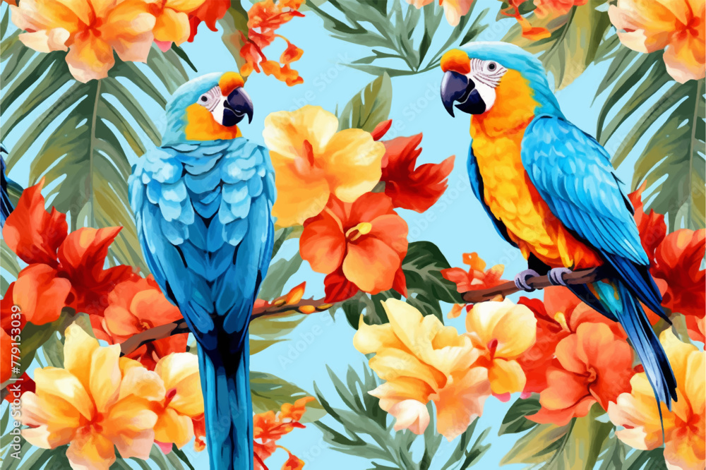 Obraz premium Seamless pattern with parrots and acacia flowers bright colors, summer hawaiian style background for fabric, fashion, wallpaper and backdrop