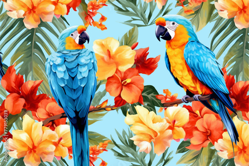 Seamless pattern with parrots and acacia flowers bright colors, summer hawaiian style background for fabric, fashion, wallpaper and backdrop