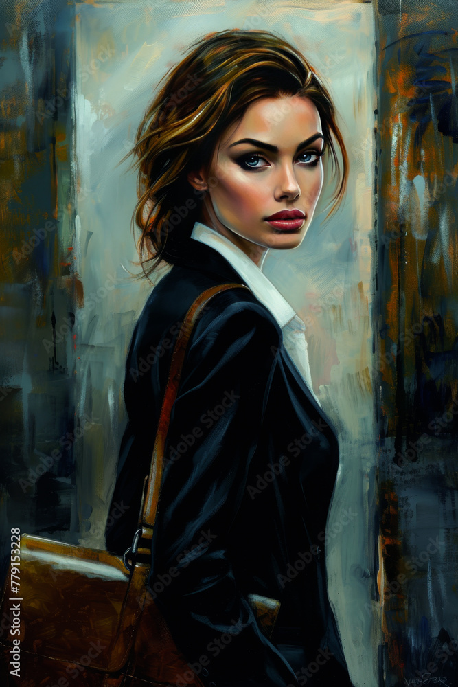 Portrait of woman with striking features, wearing business suit and carrying leather bag. Oil painting style with textured brushstrokes. Modern businesswoman concept Portrait of woman with striking features, wearing business suit and carrying leather bag. Oil painting style with textured brushstrokes. Modern businesswoman concept