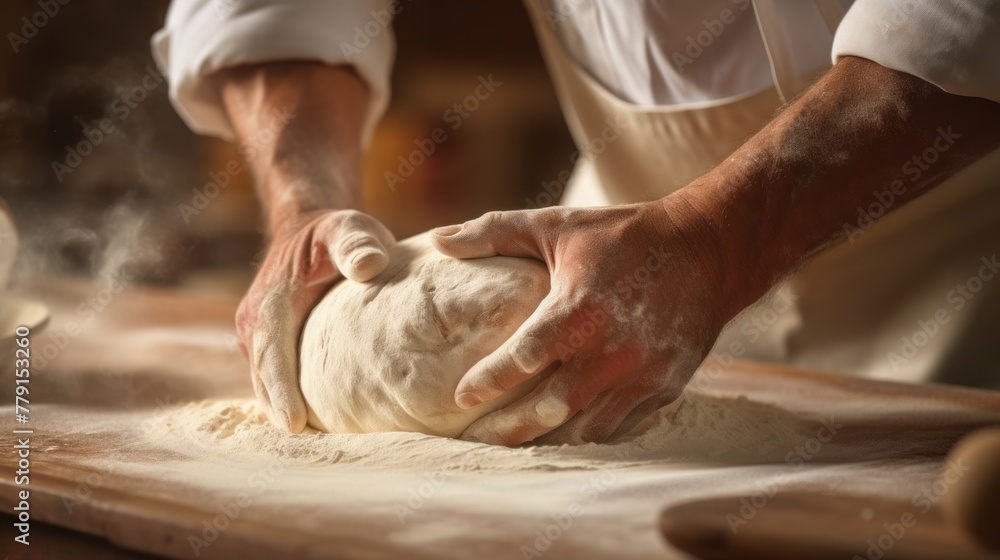Chef preparing pizza dough on a wooden table close-up of hands.