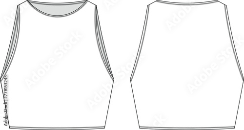 round neck crew neck sleeveless crop cropped top blouse tee template technical drawing flat sketch cad mockup fashion woman design style model
