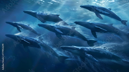 Synchronized harmony stunning photo of blue whales breaching and diving during annual migration