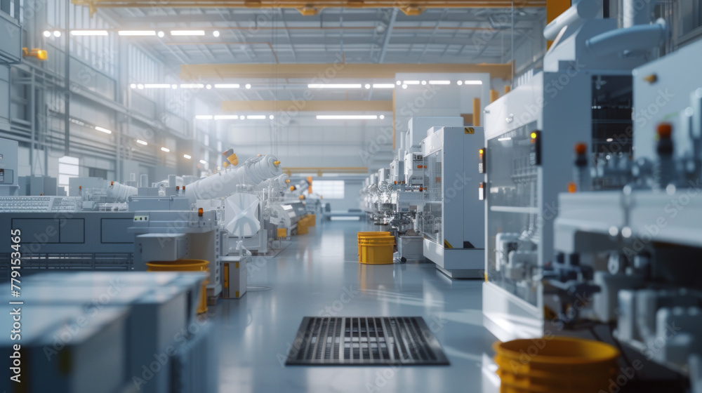 A modern plastic injection molding factory with molding machines, molds, and material handling systems, temporarily quiet but capable of producing plastic products of various shapes and sizes A modern plastic injection molding factory with molding machines, molds, and material handling systems, temporarily quiet but capable of producing plastic products of various shapes and sizes