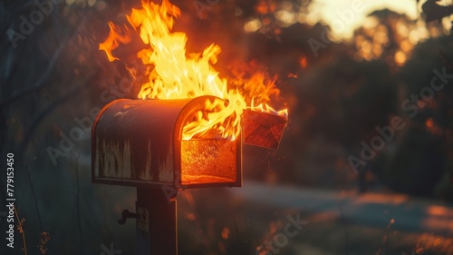 Mailbox on fire at golden hour - A dramatic image of a mailbox on fire during the golden hour, contrasting daily life with emergency photo