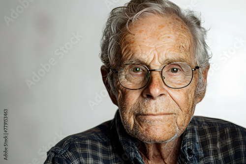 Closeup photo portrait of old man isolated on white background