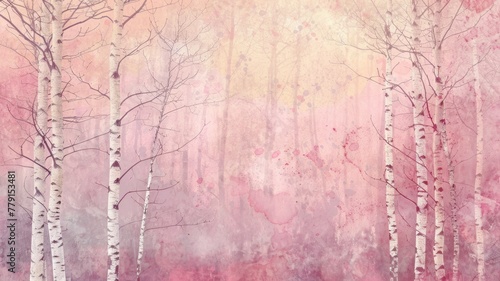 Ethereal forest scene with soft pink hues and trees - A dreamlike forest scene is depicted in this image  imbued with soft pink tones evoking delicacy and tranquility