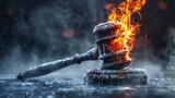 Flaming gavel in a cold atmosphere - A striking image of a gavel engulfed in flames contrasting with a frosty, cold atmosphere around it