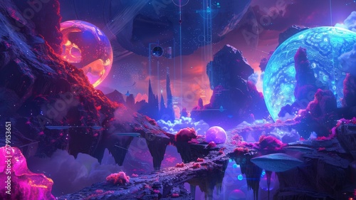 Futuristic Fantasy Landscape with Alien Planets - A stunning fantasy landscape with alien planets, vibrant hues, and ethereal atmospheres conjuring a sense of discovery and adventure