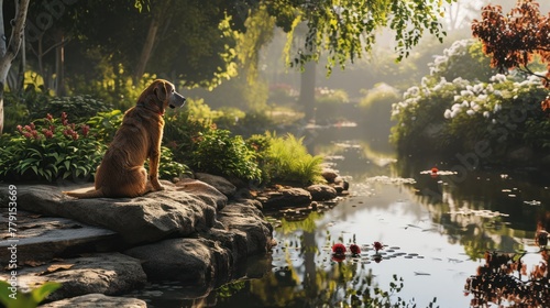 A dog sits on rocks overlooking a pond surrounded by trees and flowers.